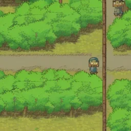 dirt road in the middle of a forest and round same size trees pokemon gameboy game style