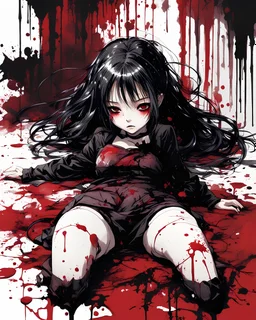 Petit girl goth, lying pose, fullbody, behind blood guts rising from the ground, illustration by <Yoji Shinkawa>, behind paint splashes darkred tones,