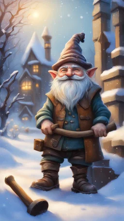 postcard portrait of bard gnome with old boots, sledge hammer and chissel in the snow garden holding a tower fortification, magazine cover illustration with oil paint and spray paint, signed, bokeh like, down-light, unreal engine, prize winning