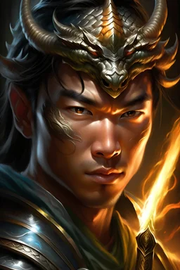 Rostro deGuerrero asiático con su espada empuñada Hacia el frente, en sus ojos se ve reflejado un Dragón lanzando fuego