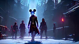 zombie mickey mouse, photorealism, movie screen capture, horror, sci-fi, retrofuturism,