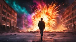 Young man walking towards a building that is exploding at night, with coloured auras around him