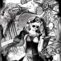 great illustrator, spanish, pencil sketch of a cute girl, beautiful, steampunk syle, black and white. Helmet with tubes. glasses. Machinery in the background. robotic bird flying. High details.