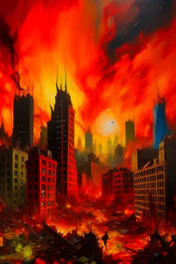 A bustling metropolis under siege: towering skyscrapers torn asunder, flames licking the once pristine streets, and hordes of faceless figures silhouetted against a blood-red sky. This vivid painting captures the chaos and destruction of a city under attack, every brushstroke imbued with a sense of urgency and despair. The artist skillfully conveys the intensity of the moment, with intricate details and a dramatic color palette that draws the viewer in, evoking a sense of dread and awe.