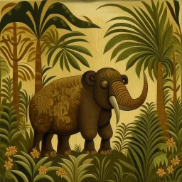 A brown earth elemental elephant minotaur designed in Mayan architecture painted by Henri Rousseau