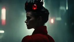 high resolution, best quality, cinematic shot, , full body shot wide angle, blade runner, woman in red , with a black crow on her shoulder, the woman has got a crystal white crown on her head. stars are reflecting in the glass crown