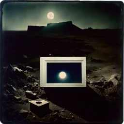 Photorealistic polaroid nothingness and distress, wasteland night Max Ernst Hieronymus Bosch, volumetric light, movie shot, details, high contrasts, nightmare, hypermaximalist