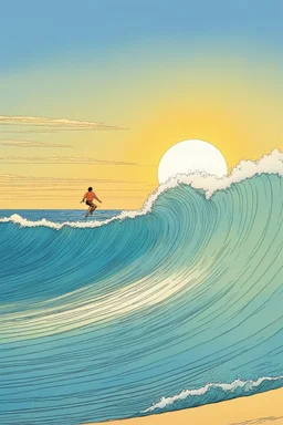 [surf illustration by Moebius] À l’aube, je me lève, Vers La Piste, la planche sous le bras, Sur la vague, je me lève aussi, Une, deux, trois fois, je vole.