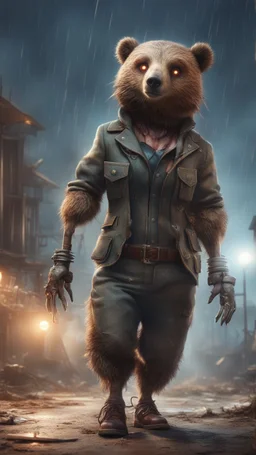 book cover illustration, fallout 4 setting, horror weird cowboy bear beaver alien bird walking on stilts in female garments, getting hit by lightening electric arc, with big disturbed eyes,bokeh like f/0.8, tilt-shift lens 8k, high detail, smooth render, down-light, unreal engine, prize winning