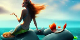 mermaid sitting on a rock in the ocean, long hair, back view