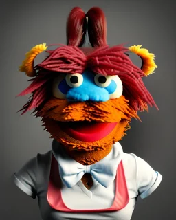 Portrait, hybrid character, waitress woman with monster muppet mask that covers her entire head, retro style, Sesame Street style, smooth, unreal engine 5, god lights, ray tracing, RTX, lumen lighting, ultra detail, volumetric lighting, 3d.