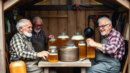 Elderly pensioners on making several gallons of beer in the garden shed. Gardening tools, beermaking equipment, DIY items are stored in the shed. Everyone is happy. Photographic quality and detail, award-winning image, beautiful composition.