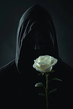 Extremely realistic photo of a hooded masked phantom , all black giving you a white Rose , general foul weather, (Rembr Lighting), zeiss lens, ultra realistic, (high detailed skin:1.2), 8k uhd, dslr, Dramatic Rim light, high quality, Fujifilm XT3, artwork in pale distressed tones , minimalistic approach, blends old world aesthetics art with elements of distressed painting and illustration, shadow play, high conceptuality, palette inspired by Charlene Mc Nall