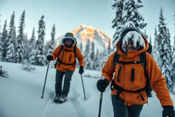 picture of two snowshoers in an Alpine Forest, serious, far behind the snowshoers in background is a Yeti monster, photobomb, photoreal HD quality, everything in sharp focus, depth of field