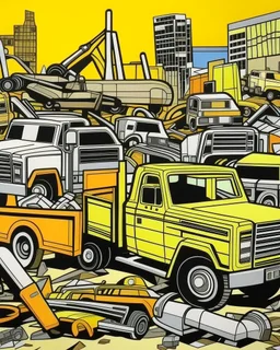 A pale orange colored junkyard with construction trucks painted by Roy Lichtenstein