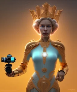 Statue of Queen of photography holding camera in hands. Cute blonde woman. Photographer in golden crown. Standing on the street. Big camera in her hand. hyperdetailed, photorealistic, trending on artstation, greg rutkowski, beksinski, kodachrome, volumetric lighting, gold and cyan