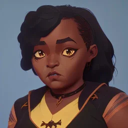 Portrait of a sweet chubby dark skinned 10 year old girl warlock with black curly hair