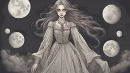 comic style, In the pallid moonlight, a peculiar girl appears - a vampire, her skin a haunting shade of spectral grey, as if she herself were wrought from the lonely heart of a forsaken moon. Cruel rubies are set into her eyes, glowing with ominous liveliness against her lifeless pallor. Blood, a sinister accompaniment to her form, the colour of garnet, seems to drip off her like a macabre jewel, casting a chilling aura of dangerous enchantment about her.