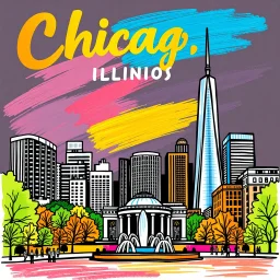 tourist poster of Chicago, Illinois in vibrant marker art style, featuring iconic landmarks such as Cloud Gate, Buckingham Fountain, Sears Tower illustrated with bold strokes, vivid colors, hand-drawn marker textures, sketch-like outlines, and coloring-book aesthetics. Include dynamic urban scenery, expressive ink shading, playful imperfections, and energetic travel-poster composition. Typography “Chicago, Illinios” prominently displayed on top in stylish retro travel font, clean poster layout,