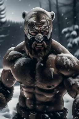 a man, muscular tough, shirtless, scarred, bruised, heroic, fighting a bear in a middle of a snowy wilderness, harsh cold climate, stormy, daylight, wearning an iron face mask cover, through storm, tough and strong vibes