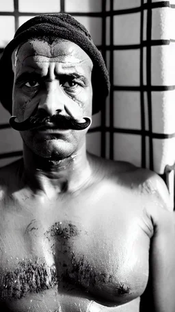 strong stocky marocan with chevron moustache 40 years old under the shower, hands over the head, big tights, wet, in an old bathroom, misery and poverty, photorealism, 35mm lens, ultra detailed, extreme close up photo