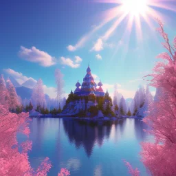 joli petit temple de cristal, lac turquoise, soleil, ciel rose et bleu, lumière, fleurs délicates, ambiance très réelle, 8k, Cinematic lighting. Photorealistic. Dynamic lighting. Imperial colors.