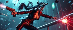 airbrush 3d rendering, mafia cyberpunk stylish lady dr smick Vex is now officially in stasis. No experiments. No clones. No accidental galaxy-ending breakthroughs. sci fi guns and rays, shattering glass background, flying debris, wicked smile, jumping guard rail pose