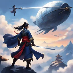 a warrior in a flowing kimono, her hand gripping a gleaming katana, poised for battle on the top of an airship soaring through the clouds. Across from her stands a shadowy figure, a ninja cloaked in mystery and skill, ready to engage in a deadly dance of blades high above the world below.