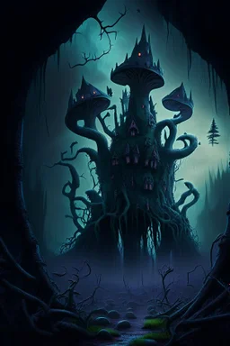 A frightening mushroom forest dungeon with a twisted bramble evil castle in the background