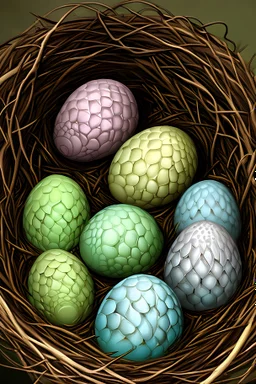 Scaled fantasy dragon eggs in a nest