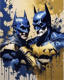 poster in two gradually, a one side Batman darkblue and other side Joker gold tones, painting by Yoji Shinkawa,