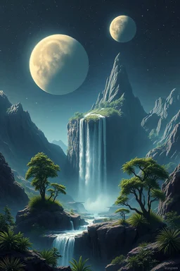 Alien planet with waterfall,trees 2 moons, mountains,