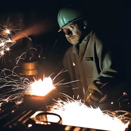 Imagen realista y dramática de una trabajador en una fábrica de fundición rodeado de las chispas que saltan, en medio de la penumbra, primer plano del trabajador mirando la pieza que funde. Fotografía periodística realizada con una cámara Leica y un objetivo de 50 mm