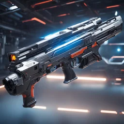 futuristic space gun inside a high tech armory