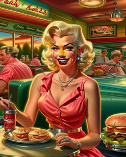 A hyper-realistic digital painting in an ultra-wide 2.39:1 cinematic aspect ratio depicts "Rockin’ Bites Drive-In" during golden hour, showcasing Marilyn Monroe as the central figure. She is a radiant blonde with perfect platinum curls and vibrant red lipstick, clad in a crisp pink waitress uniform and a frilly apron, gracefully balancing a tray loaded with classic burgers and creamy milkshakes. Elvis Presley, in a pristine diner cook outfit, stands confidently behind the grill, flipping burgers