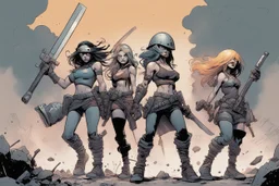 [Skottie Young and Bill Sienkiewicz comics Head Lopper style by Andrew MacLean] caucasian group of four women fighting, military helmet, cigar, piercings, shotgun, crop top , heavy battle armor, carrying chainsaw swords, and boltguns, walking on apocalyptic battlefield