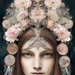 portrait,"Insanely detailed photograph of a beautiful nordic vestal Goddess,gorgeous clean face,intricate mask, highly intricate dress,intricately designed colorful flowers in hair,elegant, highly detailed hair, digital painting, artstation, concept art, smooth, sharp focus, illustration, art by artgerm and greg rutkowski and alphonse mucha, 8 k,looking downward,album cover art,fantasy