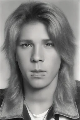 1980's yearbook photo, teenager, Vince Neil, 14 years old, photorealistic, --ar 9:16 --style raw