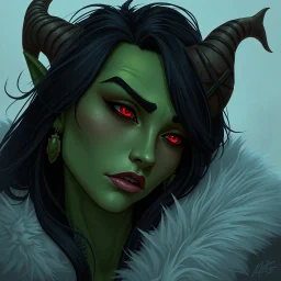 A digital illustration of an orcish woman, green skin, black hair, red eyes, wearing furs, lost in thought
