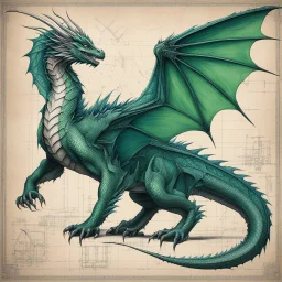 Blueprint: Behold the ultimate war machine - a technical drawing of a green dragon that will leave you in awe! With every intricate detail carefully etched onto the paper, this drawing showcases the sheer power and strength of this legendary dragon. From the massive wings to the heavy-duty scales, this beast is ready to take on any challenge thrown its way