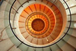 non-euclidean AI hallucination in a perfectly circular staircase made of marble and glass, looking down, vortex vibe, circular swoosh, swirl dynamics, UHD photo, photo-realistic, extremely detailed, intricate, ultra-high quality, amazing reflections, wonderful textures, perfect shadows, hyper-realism, vibrant bold radioactive hyper-colors of orange and beige and drab