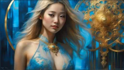 In Casey Baugh's evocative style, art of a gorgeous young smiling asian goddess full body with long blonde hair, blue eyes , beautiful chest and legs, futuristic, transparent blue lace, elegant, highly detailed, majestic, Baugh's brushwork infuses the painting with a unique combination of realism and abstraction, greg rutkowski, surreal gold filigree, broken glass, (masterpiece, sidelighting, finely detailed beautiful eyes: 1.2), hdr, realistic painting, natural skin, textured skin,