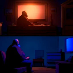 comicbook, 2 panels, muted colors, in the left panel, a fat, bearded man watches the tv, (in the right panel, (side angle view:1.2)of the tv), background is a haunting dimly lit, decrepit room.The atmosphere should be chilling, with shadows and decay adding to the eerie ambiance.