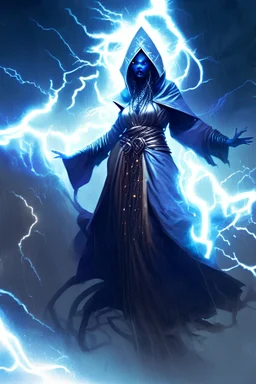 mysterious female djinn in long robes surrounded by lightning protecting the world