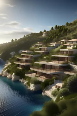 A resort with luxury villas built on a hillside by the sea with a golf course and a marina