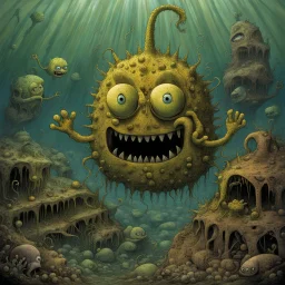 Surreal Scary decayed bloated Sponge Bob Squarepants having a bad day strung out and psychotic looking, 'he lives in a nightmare under the sea', alternate SpongeBob evil world by Alan Lee, by Zdzislaw Beksinski, by Michael Whelan, unnatural comix landscape, horror art, creepy eerie, dystopian.