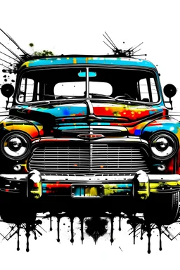 Vintage tshirt print design (on a white background:1.2), Retro Silhouette drawing of 1952 GMC Suburban from the front, with colors ink pop art blackground,delicate,filigram,centered,intricate details,high resolution,4k