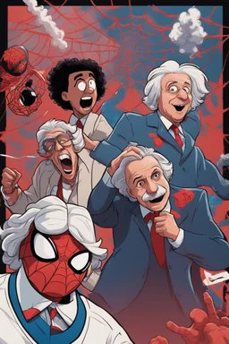 Sir Isaac Newton Brofisting the camera with Albert Einstein hitting the whip nae nae in the background with an atomic bomb going off in the background in the style of Spider-Man into the spider-verse.