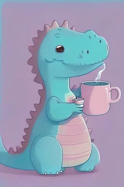 Cute flat animation of a dinasor, The dinasor is soft pink with cute eyes and a lovely look, without nostrils. The dinasor is a basic simple cartoon character With small hands, without many details, Without scales. The dinasoor is enjoing drinking tea from a blue cup. She is holding the cup with her hands.