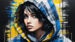 breathtaking portrait of gorgeous girl short black hair yellow and blue plaid hooded scarf dark silver and black textured satin fabrics jagged edges eye-catching details insanely intricate vibrant light and shadow beauty panel paintings textured tweed background captivating stencil art oil painting style contemporary ink watercolor brush strokes negative white space